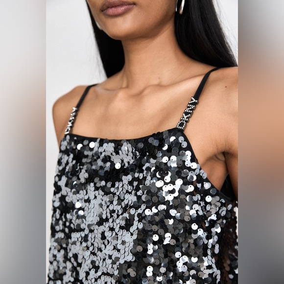 DNKY Sequin Black and Silver Ombré Women's Tank Top With Embellished Markings - Picture 2 of 7